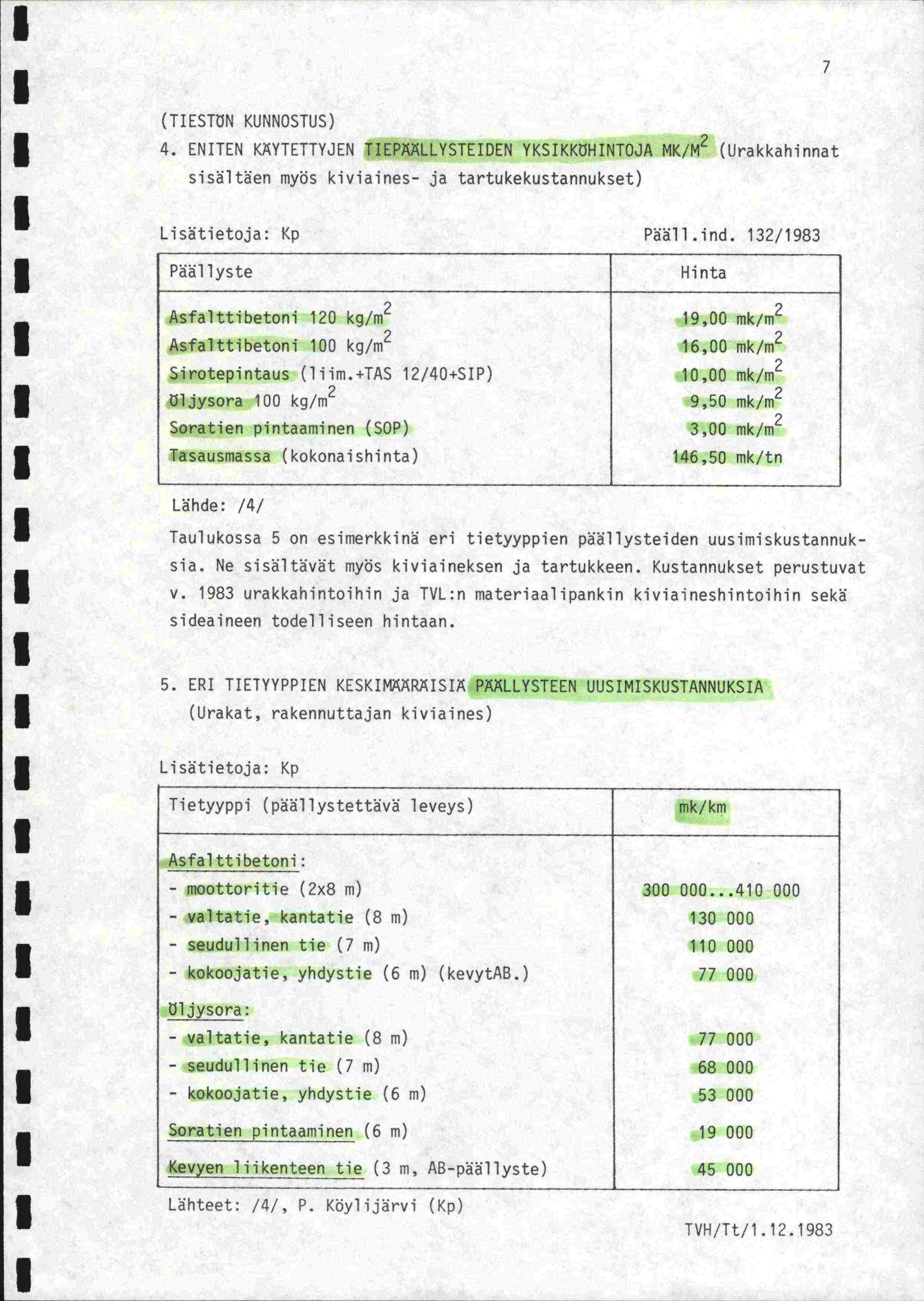 7 (TIESTN KUNNOSTUS) 4. ENITEN KYTETTYJEN TIEPMLLYSTEIDEN YKSIKKiHINT0JA MK/M 2 (Urakkahinnat sisältäen myös kiviaines- ja tartukekustannukset) Lisätietoja: Kp Pääll.ind.