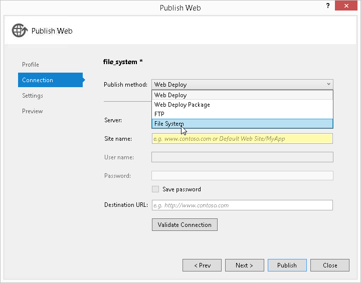 Kuva 18:Visual Studio 2013:n dialogi "Publish Web" ja