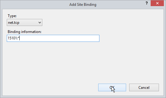 11. Auenneesta dialogista Add Site Binding valitaan Type -alasvetovalikosta net.tcp, syötetään kenttään Binding Information protokollalle valittu portti ja painetaan OK.