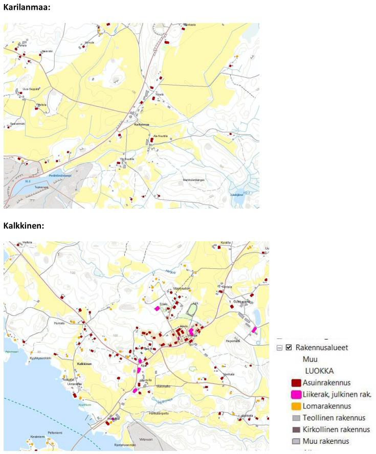 Karilanmaan lähikeskuskylämerkintä on perusteeton ja antaa väärän kuvan alueen luonteesta: Karttaotteet (lähde Maanmittauslaitoksen maastotietokanta 6/2015) Karilanmaasta ja vertailun vuoksi