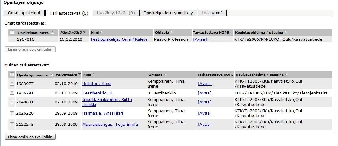 HOPSin valitseminen tarkistettavaksi, jos ryhmiä ei ole luotu Jos HOPSin ryhmätyötoiminto ei ole käytössä, löytyvät opiskelijoiden HOPSit Tarkastettavat - välilehdeltä Muiden tarkastettavat