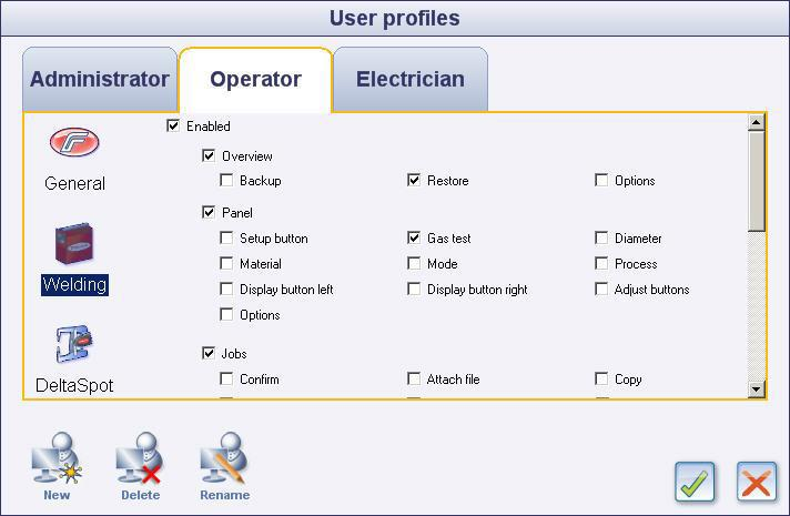 Erilaisia käyttäjäprofiileja. [6.] Erilaisia käyttäjäprofiileja voi tehdä useita erilaisia. Kuvassa 13 on kolme: Adminstrator, Operator ja Elecrician.