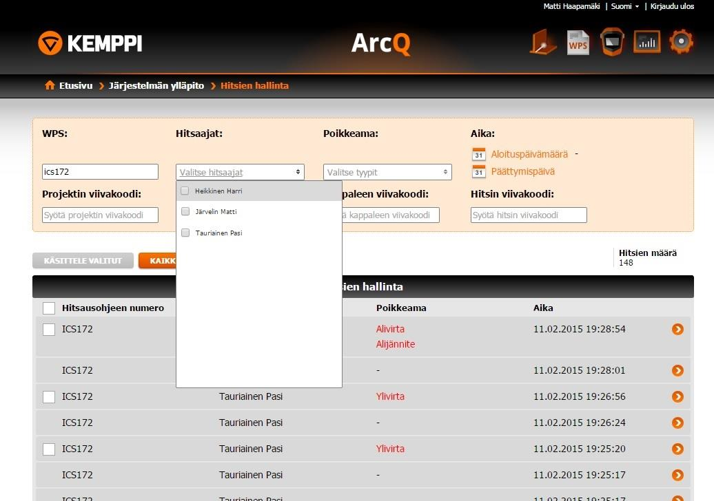 24 Kuva 25. Laatupoikkeamien hakutoiminto. ArcQ on yhteensopiva kaikkien MIG / MAG-laitteiden kanssa ja järjestelmä siirtää dataa langattoman lähiverkon kautta.