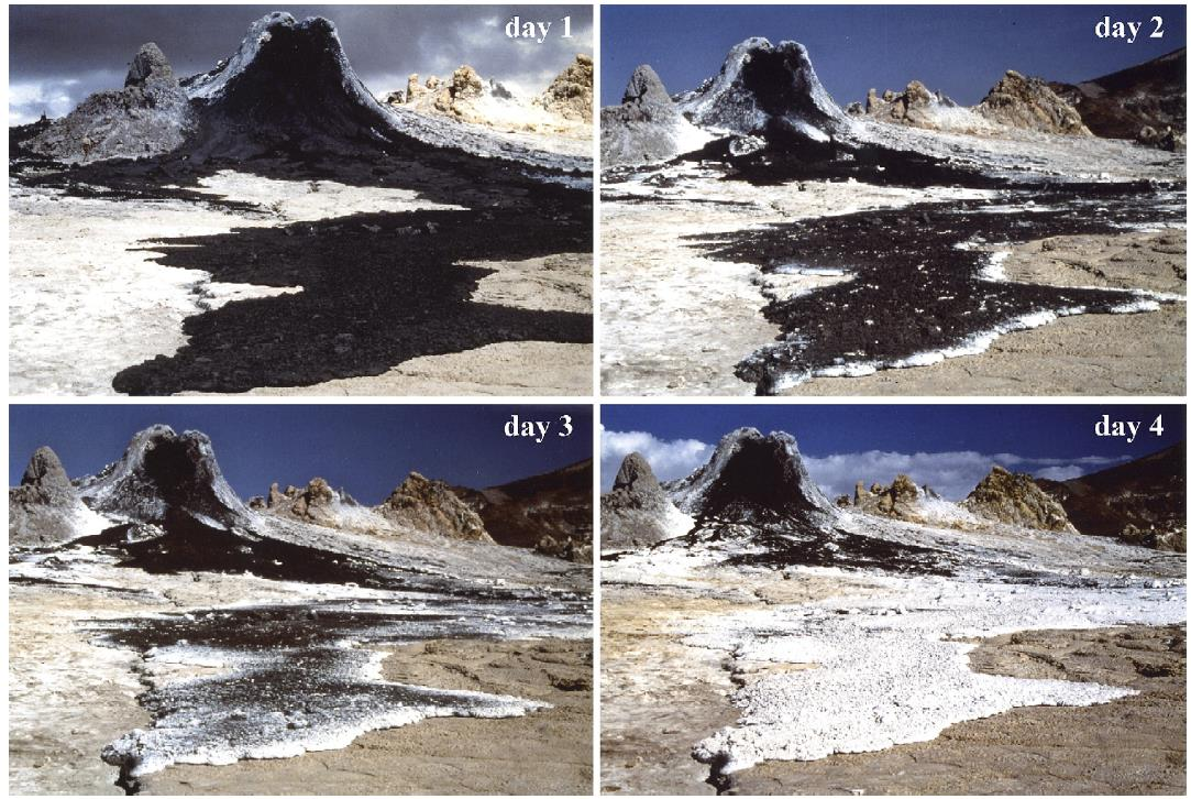 21 Kuva 8. Oldoinyo Lengai -tulivuori Tansaniassa sijaitsee Itä-Afrikan hautavajoamassa. Kuvasarja esittää natrokarbonatiittien muuttumista 24 tunnin välein elokuussa 2000. Kuva: D.