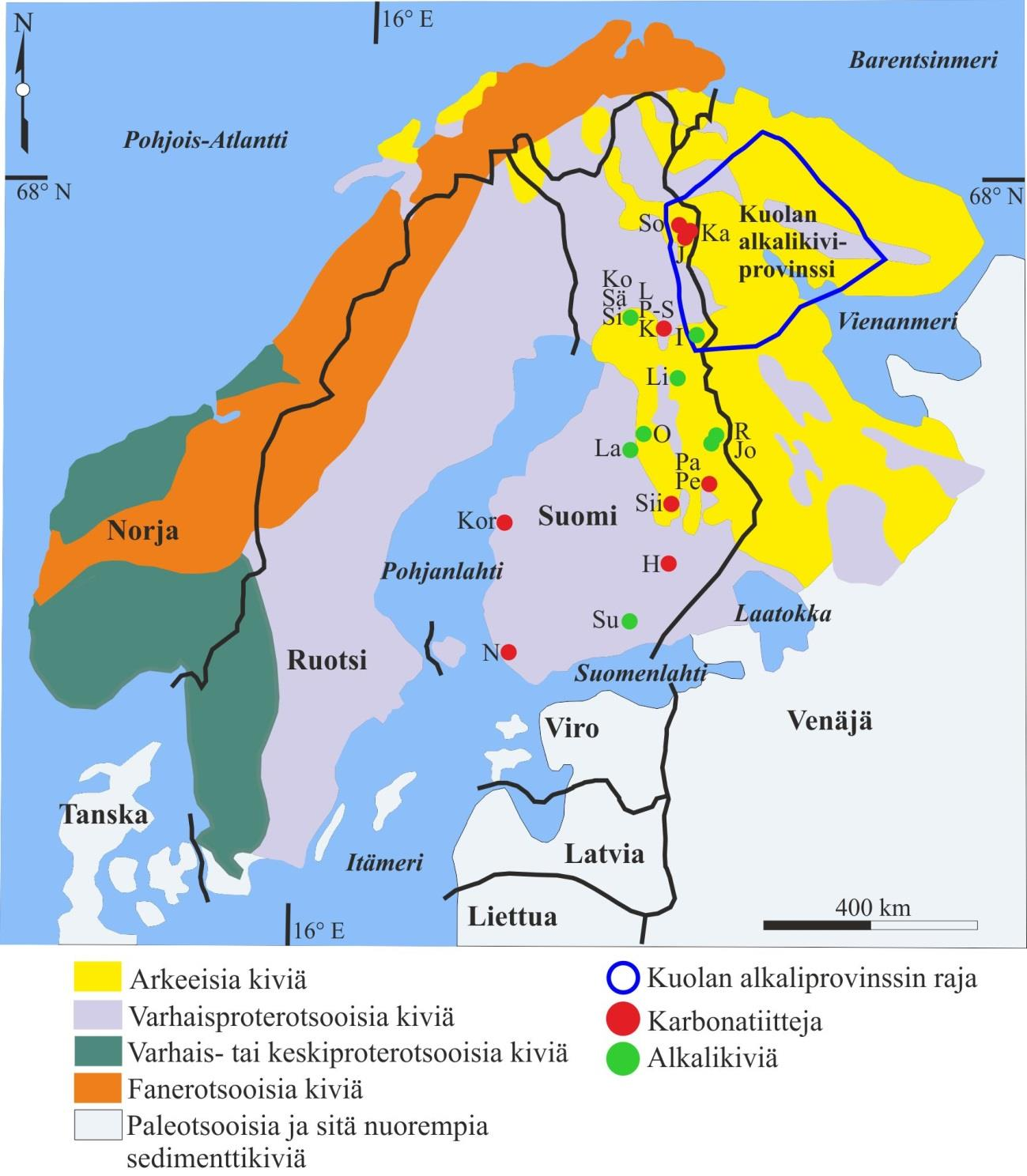 Kuva 22. Suomen tunnetut alkalikivi- ja karbonatiitti-intruusiot sekä Kuolan alkalikiviprovinssi.