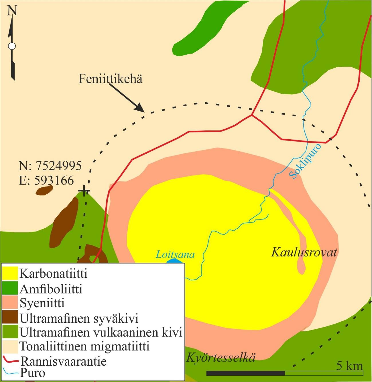 67 Kuva 25. Soklin karbonatiittikompleksi. (ETRS-TM35FIN) (Muokattu; Suomen kallioperä DigiKP 2014, Sarapää et al. 2015).