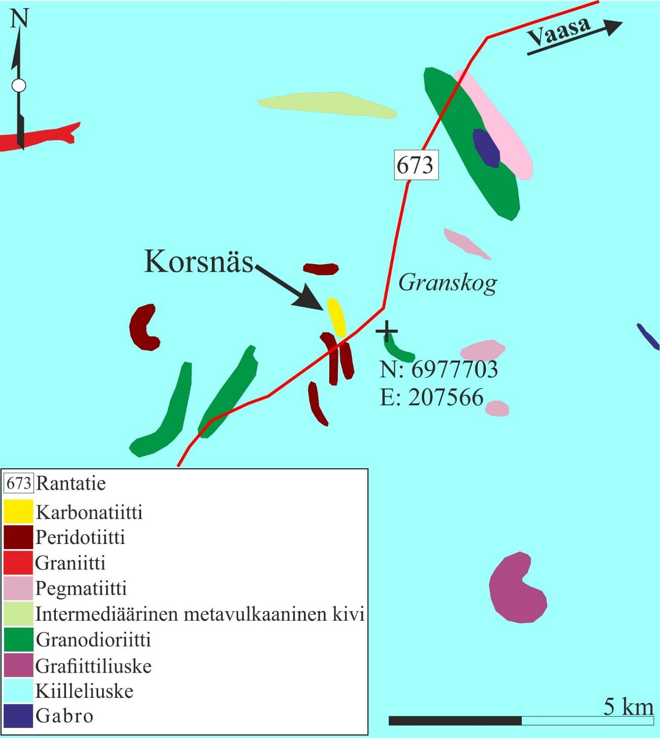 76 Kuva 28. Korsnäsin karbonatiittijuonet. (ETRS-TM35FIN) (Muokattu; Suomen kallioperä DigiKP 2014). 6.