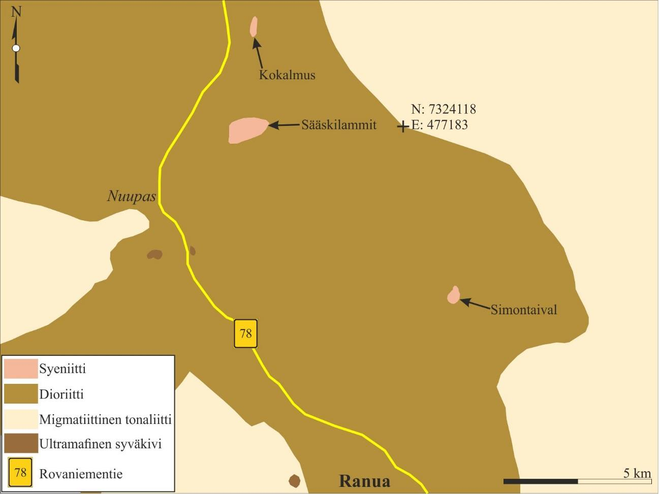 86 Kuva 34. Simontaipaleen, Sääskilammin ja Kokalmuksen syeniitit. (ETRS-TM35FIN) (Muokattu; Suomen kallioperä DigiKP 2014).