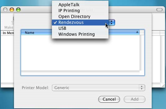 1 Käynnistä Print Center -ohjelmisto ja osoita Add. 2 Valitse Rendezvous (saattaa muuttua Mac OS X:n tulevissa versioissa).