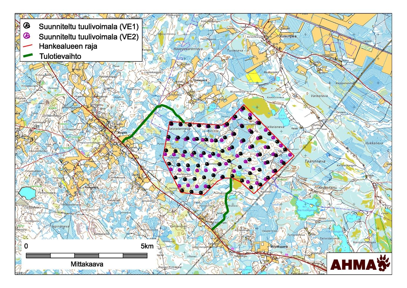 Läntinen Relletintie Kursunmetsäautotie 15 Hankealueen länsipuolella Kopsan kylän kohdalla Raahentiestä (kantatie 88) risteytyy Relletintie (yhdystie 18568) hankealueelle.