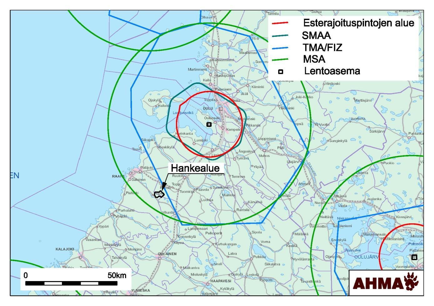42 Kuva 7-8. Mastokankaan tuulipuistoalue suhteessa Finavian korkeusrajoituspintoihin (Finavia 2013). 7.7 Puolustusvoimien toiminta Mastokankaan hankealue sijoittuu laissa 490/2013 esitetylle kompensaatioalueelle, Perämeren tuulivoima-alueelle (kuva 7-9).