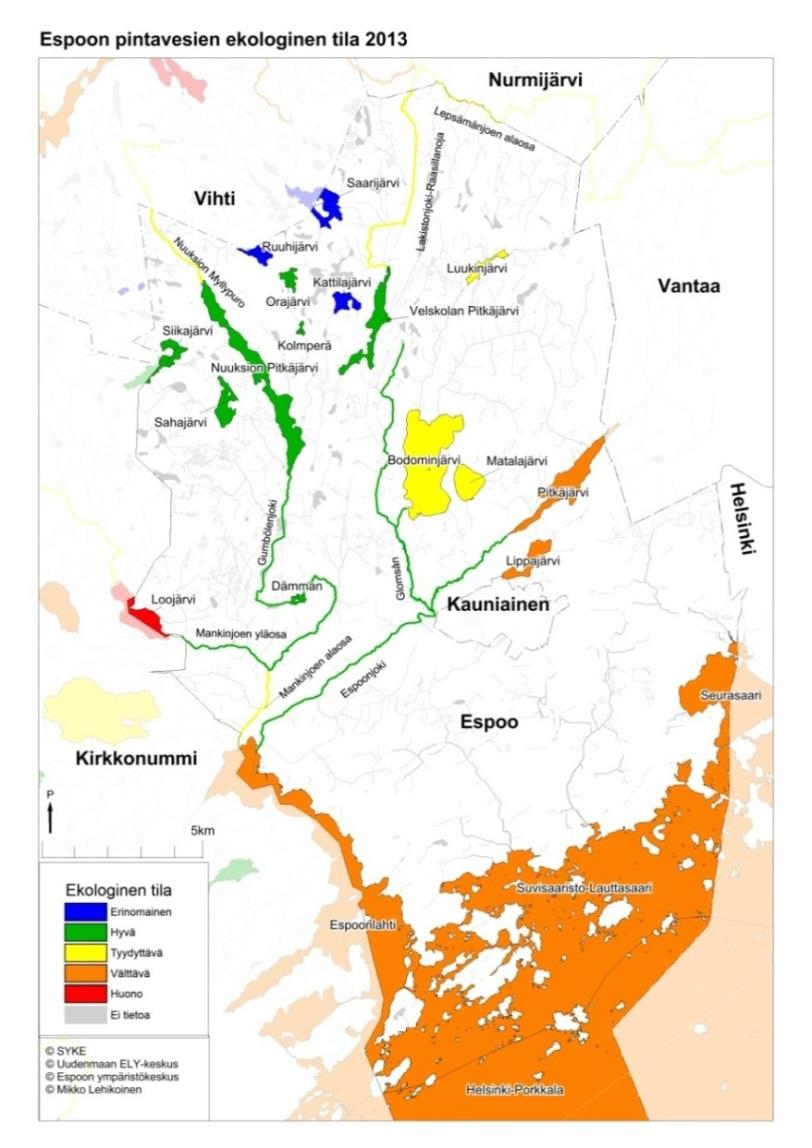 Kuva 1: Espoon vesistöjen ekologinen tila (Uudenmaan ELY -keskus 2013) 2.