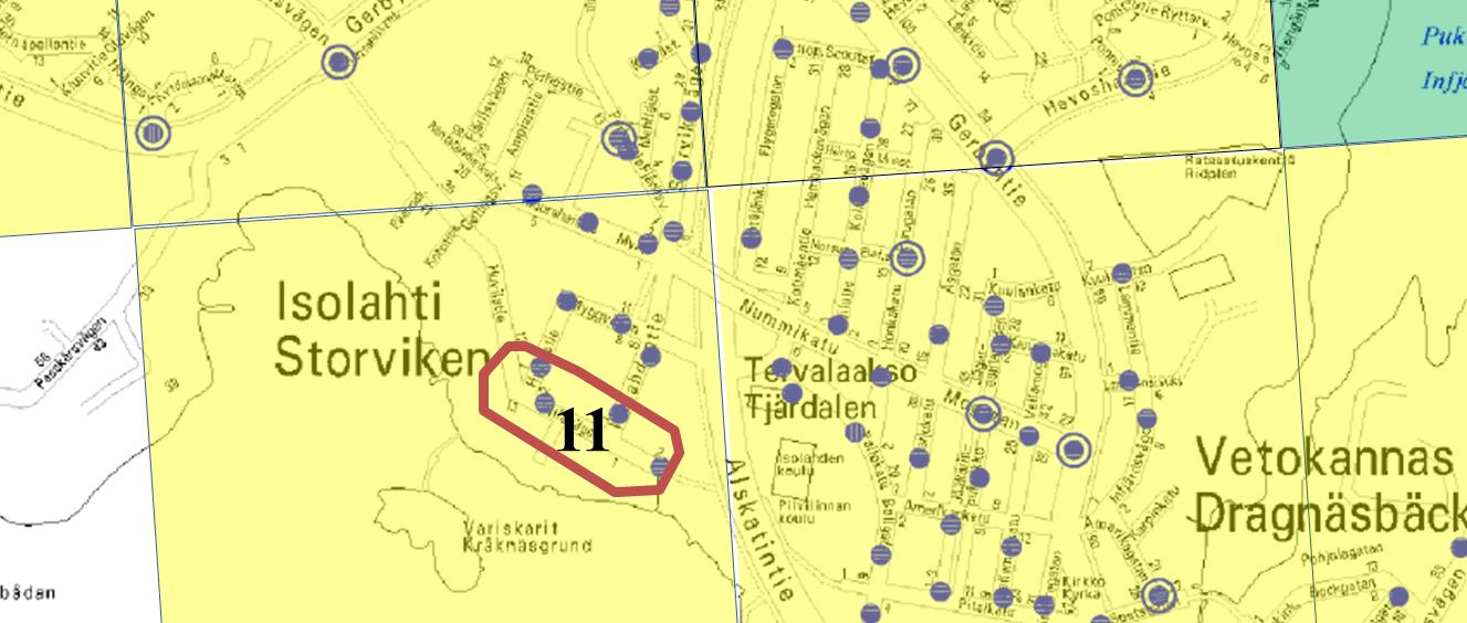 59 Kuvassa 13 esitetyt katvealueet 5 9 sijaitsevat Palosaarella. Katvealue 5 sijaitsee Wolffintien ympärillä rajoittuen pohjoisessa Koulukujaan ja etelässä Palosaaren siltaan.