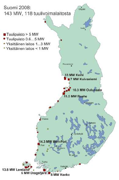 -10- Kuva 2. Suomen tuulipuistot vuonna 2008 (VTT 2008). 1.4 Sijoittelun tekniset perusteet 1.4.1 Tuuliolosuhteet Käynnistyäkseen tuulivoimala tarvitsee vähintään 3 m/s tuulen nopeuden.