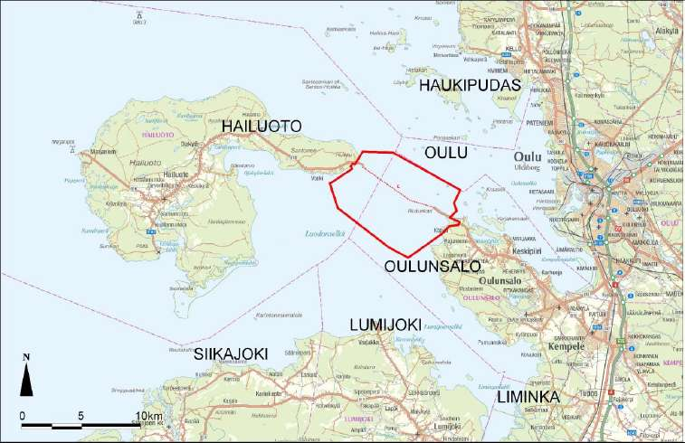 -8- Kuva 1. Hankealueen sijainti Oulun länsipuolella Oulunsalon ja Hailuodon välisellä merialueella. Suunnitelmien mukaan alueelle tullaan sijoittamaan vaihtoehdosta riippuen noin 54-75 voimalaa.