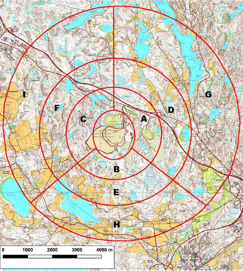 Kuva 20. Hajukartoituksen tutkimusalue (A-I). Hajuhaittojen ehkäisemiseksi jäteveteen syötettävästä kemikaalista on kerrottu tämän raportin luvussa 15.6.