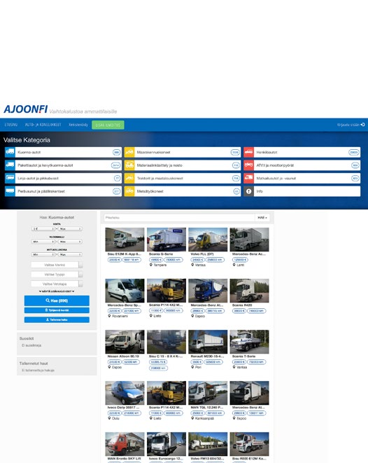 TYÖKONEET KULJETUSKALUSTO MONIPUOLINEN MARKKINAPAIKKA VERKOSSA Ajoon.fi verkossa tarjoaa kattavan palvelun käytetyn ja uuden varastossa olevan kaluston myyntiin.
