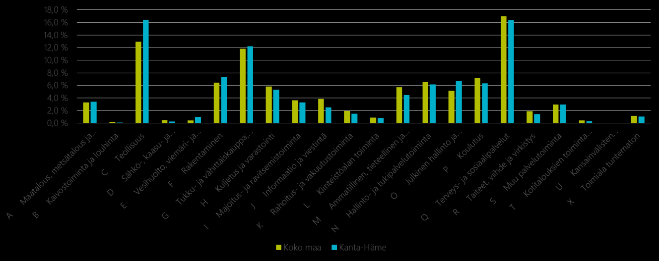 Kolmanneksi suurin työllistäjä Kanta- Hämeessä on tukku- ja vähittäiskauppa (8870 työllistä).