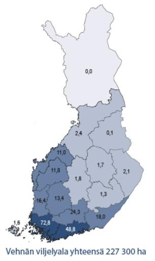 timaan sadon määrän ja laadun lisäksi markkinatilanne maailmalla. (Viljatase 04/05 11/12 2013). 2.1 Kevätvehnän viljely alueittain Kevätvehnän viljelyalue painottuu Etelä-Suomen alueelle.