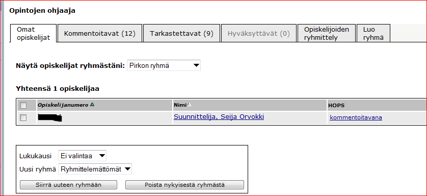 Valitse kohta Opiskelijoiden HOPSit. Kun opiskelija haluaa lähettää HOPSinsa kommentoitavaksi, hän saa näkyviin niiden ohjaajien nimilistan, joilla on oikeus kommentoida ao.