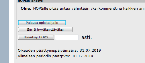 Kun HOPSia on kommentoitu ja täydennetty (kommenttikierroksia voi olla useita), ja opiskelija on valmis lähettämään sen hyväksyttäväksi, hän valitsee jälleen vastaanottajan nimilistasta.