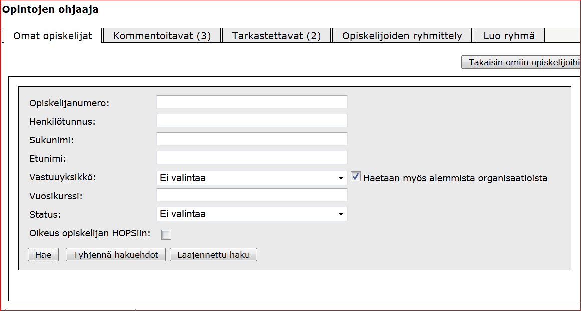 Huomaa myös mahdollisuus määritellä esim. opintooikeuden alkamispäivämäärä.