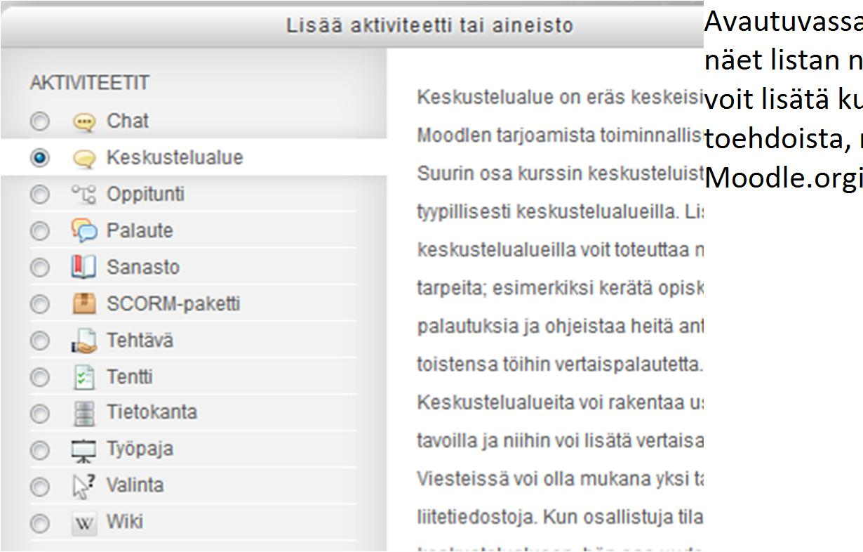 Kurssin etusivulla opettajat näkevät Asetukset-lohkossa kurssin ylläpito-asetukset, aineisto- tai aktiviteettisivulla puolestaan kyseisen aineiston /aktiviteetin hallinnointiasetukset.