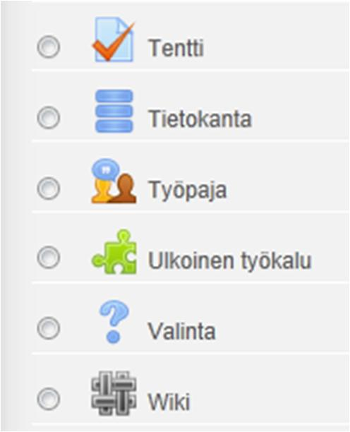 Kansio = Luo tiedostokansio ja lisää sinne opiskelijoille jaettavia tiedostoja Kirja = Luo monisivuisia materiaaleja lukuihin ja alilukuihin jäsennettynä.