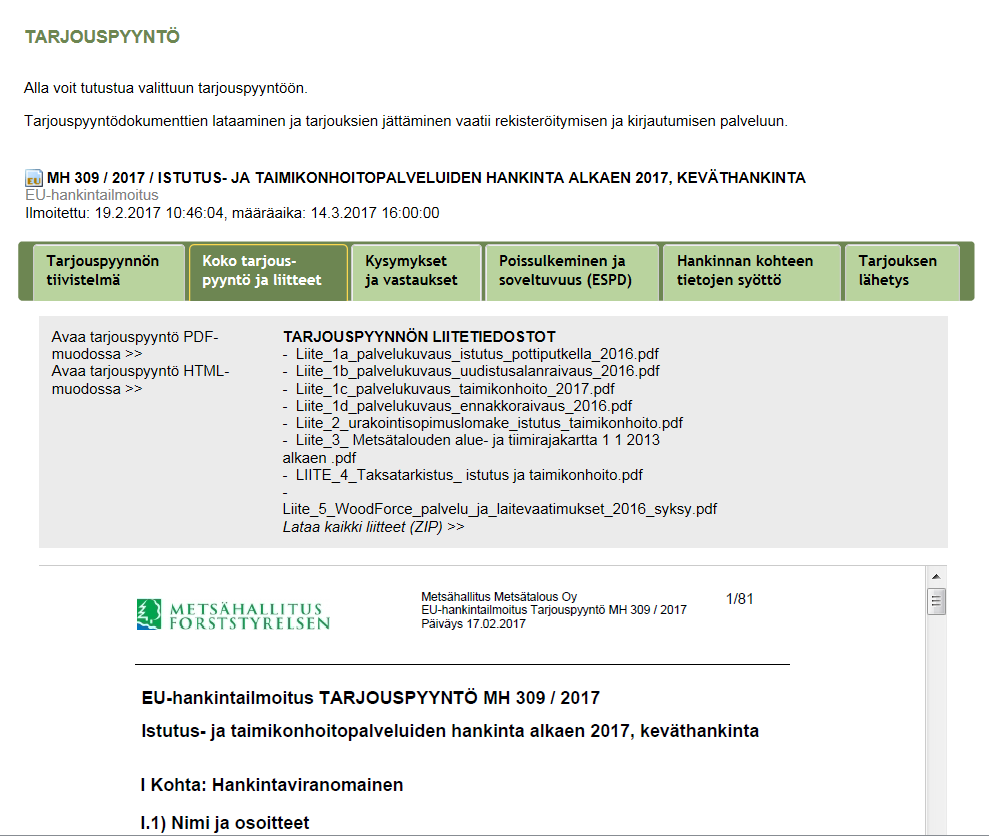 avautuvat koko tarjouspyyntö (avaa