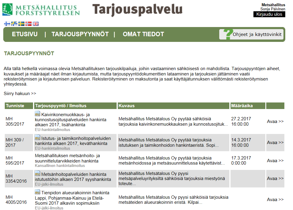 Metsähallituksen tarjouskilpailut Tarjouspyynnöt