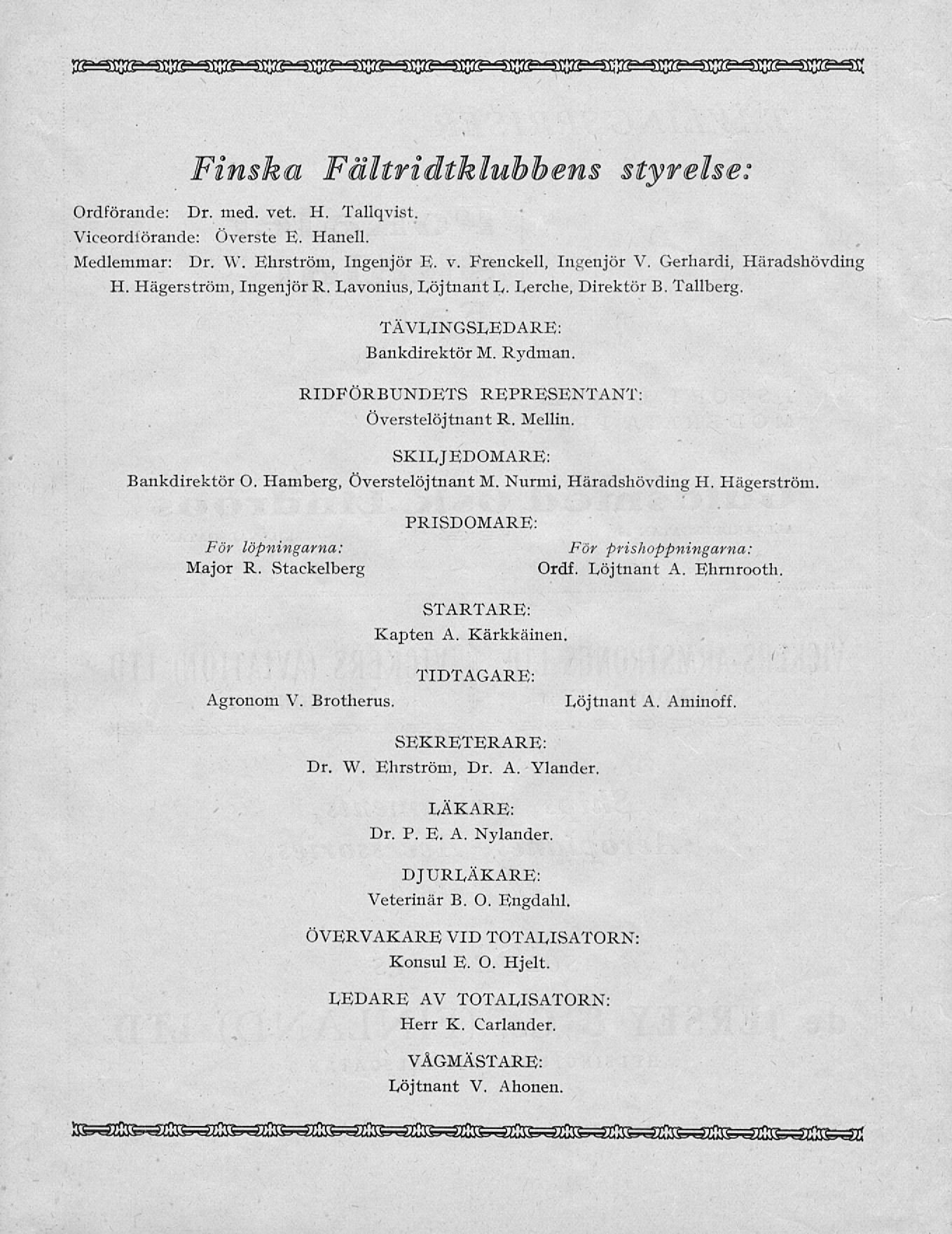 Finska Fältridtklubbens styrelse: Ordförande: Dr. med. vet. H. Tallqvist. Viceordiörande: Överste E. Hanell. Medlemmar: Dr. W. Ehrström, Ingenjör E. v. Frenckell, Ingenjör V.