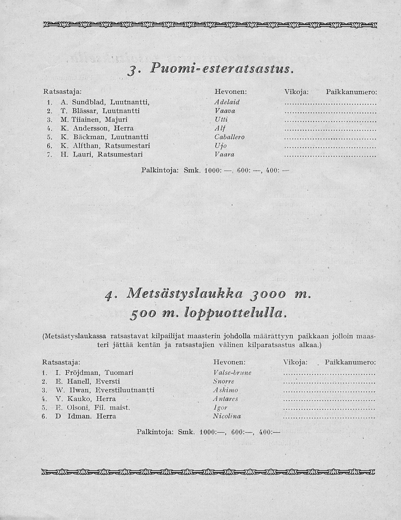 j. Puomi-esteratsastus. Ratsastaja: 1. A. Sundblad, Luutnantti, 2. T. Blässar, Luutnantti 3. M. Tiiainen, Majuri 4. K. Andersson, He