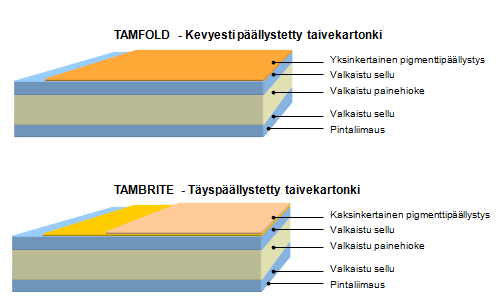 2.1 Tuotteet Taivekartonkia tuotetaan Inkeroisissa nykyään kahta eri lajia, joita käytetään pääasiassa elintarvike-, kosmetiikka-, lääke- ja savuketeollisuuden pakkausmateriaaleina.