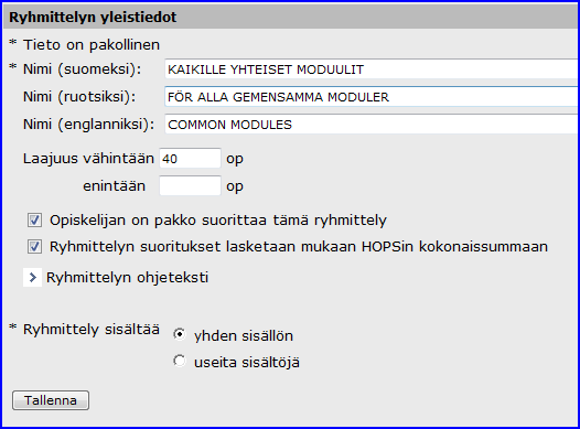 Täytä tarvittavat tiedot ja tallenna. Huom! Laajuuden kohdalla jätetään kohta enintään täyttämättä. Tallennuksen jälkeen näkyviin ilmestyivät kehykset Sisältö 