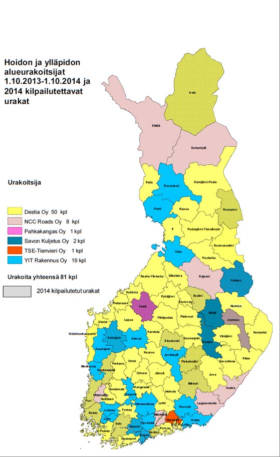 13 2.4 Urakoitsijat kaudella 2013 2014 Suomessa on kaudella 2013 2014 81 alueurakkaa, joita hoitaa yhteensä 6 eri urakoitsijaa.