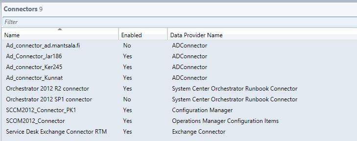Service Managerilla ei ole tarkoitus kuin käynnistää Orchestratorin runbook. Kuva 5. Service managerin liitännät. Orchestratorin liitäntä on kuvassa 5 nimellä Orchestrator 2012 R2 connector.