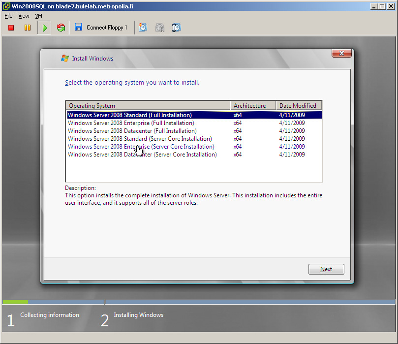5 Kuva 4. Windows Server 2008 Standard -version asennus Miltei kaikki asennusmahdollisuudet tukevat sekä 32-bittistä että 64-bittistä versiota Windowsista.