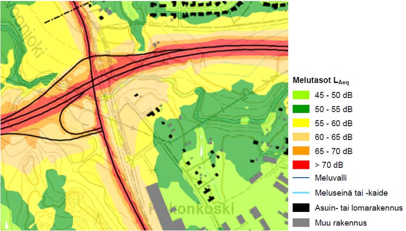 Melutasot tavoiteverkko v.2040, ei meluntorjuntaa Kuvassa 3 on esitetty melutasot ennustetilanteessa 2040 ilman uutta meluntorjuntaa.