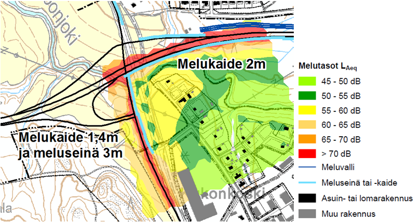 tilannetta huomattavasti verrattuna tilanteeseen ilman meluntorjuntaa, mutta asuinpihat ovat ohjearvot ylittävällä meluvyöhykkeellä (yli 55 db, alle 60 db).