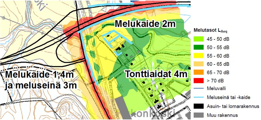 metriä) Ala Okeroistentien varressa. Kuva 5 Melutilanne vuonna 2040 päivällä. Meluntorjunta versio 2. Melutasot tavoiteverkko v.