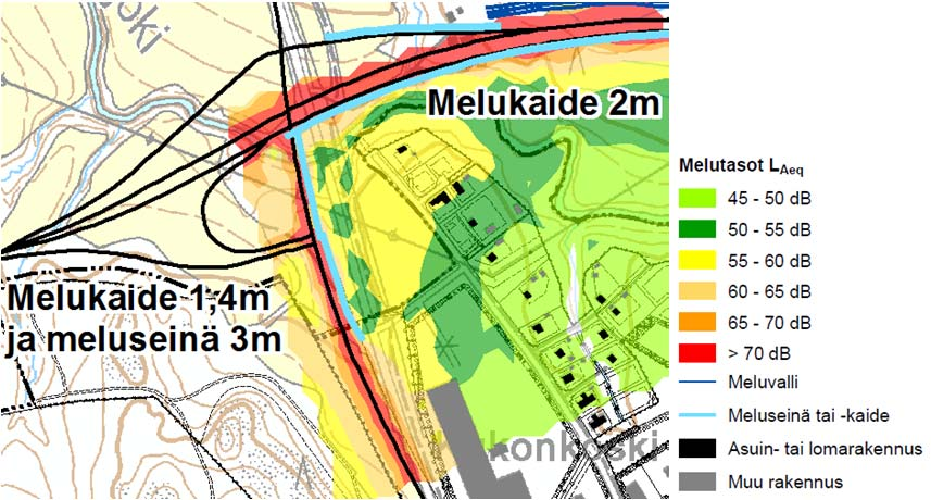 Kuvassa 7 on esitetty meluntorjuntaversio 2 mutta vuoden 2025 liikennemäärillä.