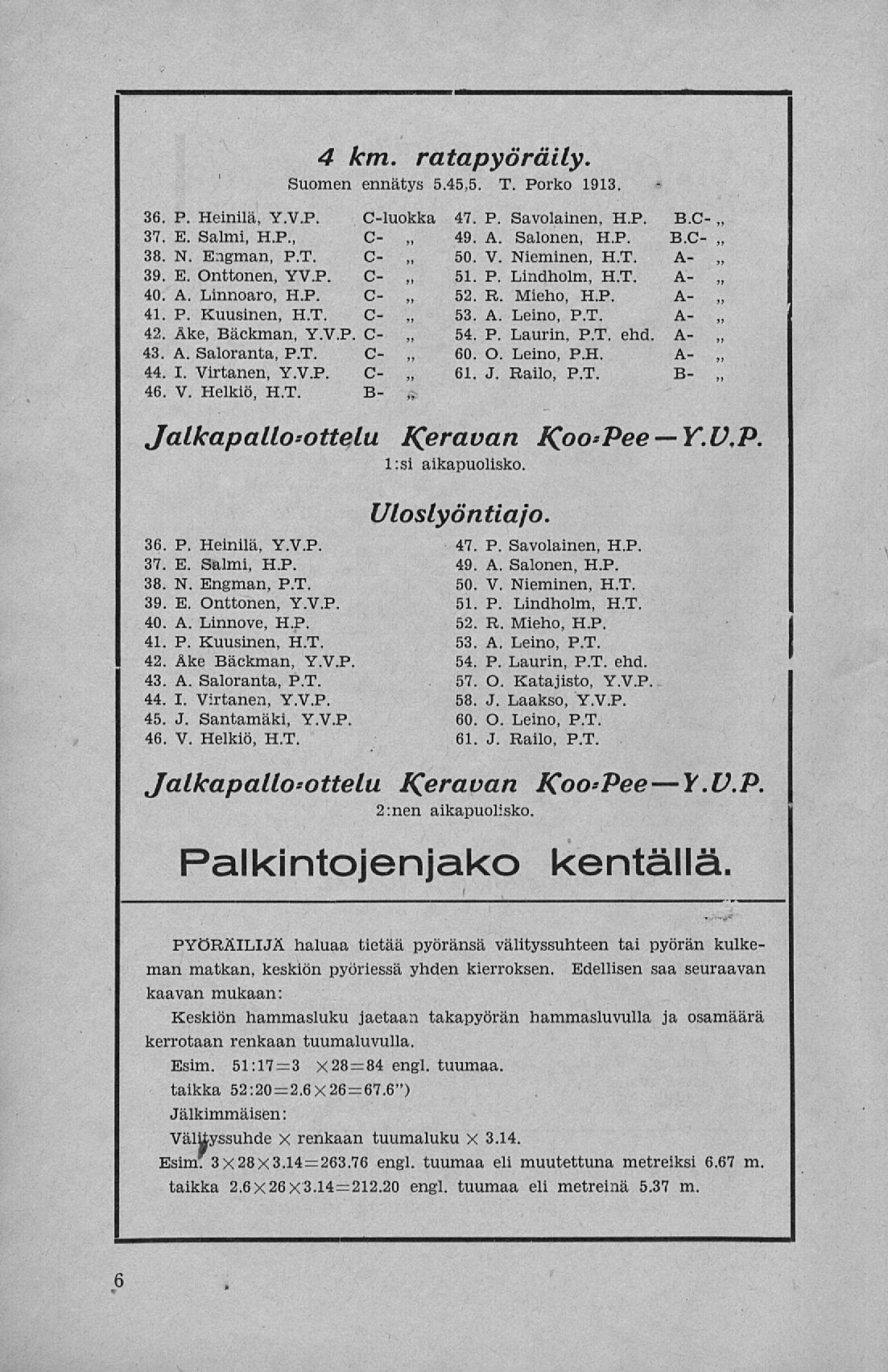 4 km. ratapyöräily. Suomen ennätys 5.45,5. T. Porko 1913. 36. P. Heinilä, Y.V.P. C-luokka 37. E. Salmi, H.P., C- 38. N. Engman, P.T. C- -39. E. Onttonen, VV.P. C- -40. A. Linnoaro, H.P. C- -41. P. Kuusinen, H.