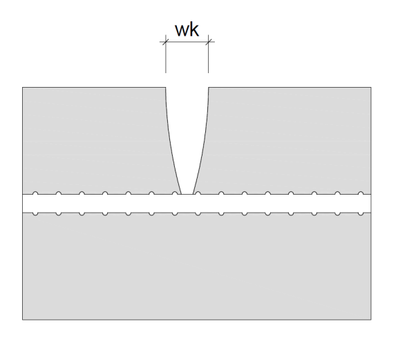15 Laatan halkeamaleveyttä tutkittaessa mitoitustarkasteluissa käytetään apuna laskennallista suuretta halkeaman ominaisleveys wk, jonka avulla voidaan selvittää, jääkö halkeaman leveys pienemmäksi