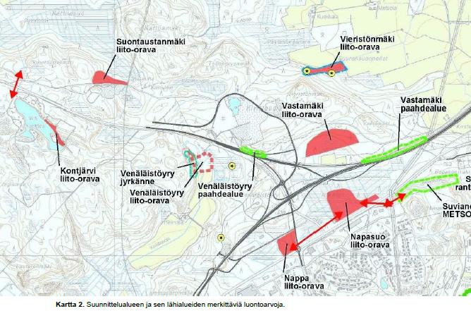 Ympäristö Inventointi tehtiin kesällä 2014 Liito-oravien elinalueet melkein