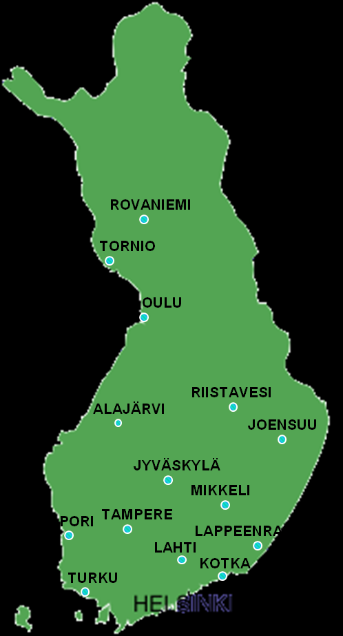 Asennus- ja huolto-organisaatio HELSINKI ALAJÄRVI JOENSUU JYÄSKYLÄ KOTKA LAHTI LAPPEENRANTA MIKKELI OULU PORI RIISTAVESI ROVANIEMI TAMPERE