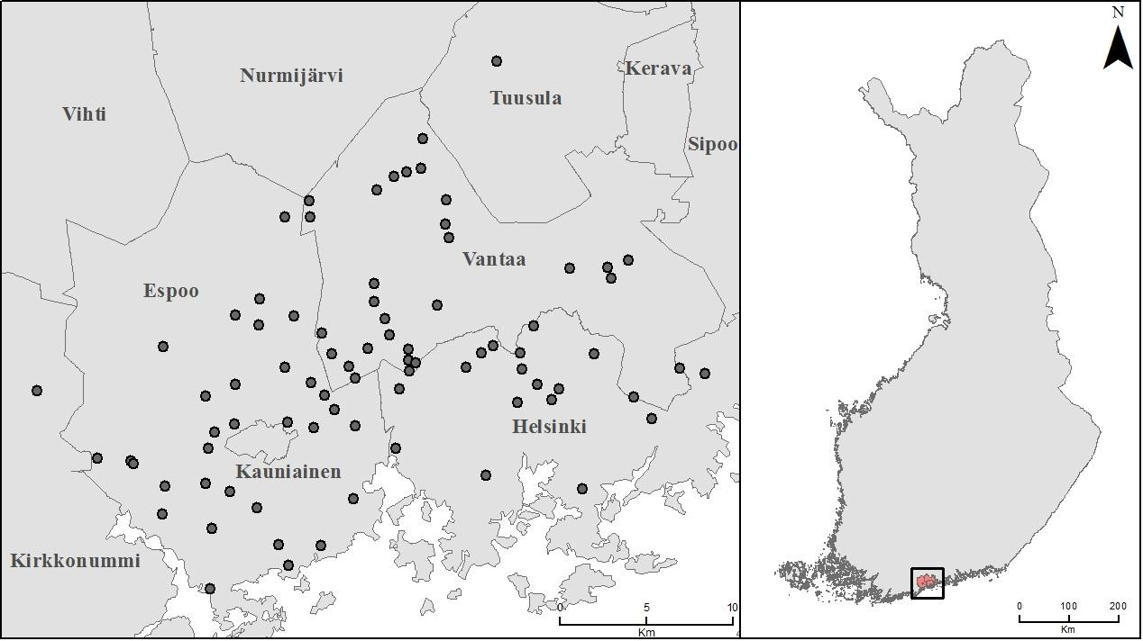 3 Tutkimusalueet 3.1 Sijainti ja yleiskuvaus Tutkimusalueet sijaitsevat pääasiassa Suomen pääkaupunkiseudulla (kuva 10).