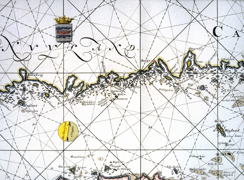 2 Isosaaren rakentumisen vaiheita Itämeren kartta vuodelta 1695. Isosaari eli Miölön on merkitty karttaan punaisella ympyrällä.
