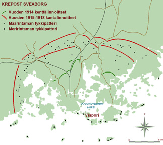 2.3 Viaporin meririntama Viaporin linnoituksen meririntama jakautui ulompaan kehään eli etulinjaan sekä sen taakse sijoittuneeseen sisempään vyöhykkeeseen.