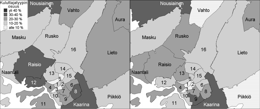 24 Kuvio 5 Vaativien sosiaalisten osuus eri alueiden vastaajista arkisin (vasemmalla) ja viikonloppuisin (oikealla) Arkisin vaativia sosiaalisia on eniten Pansio-Perno-Jyrkkälä-Härkämäessä (alue 12;