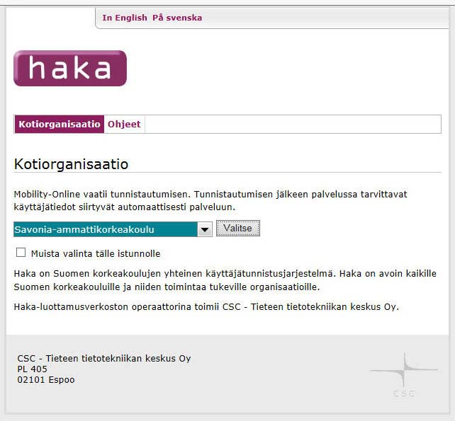 2. HAKA KIRJAUTUMINEN MOBILITY ONLINEEN Savonialaiset kirjautuvat Mobility Onlineen HAKA